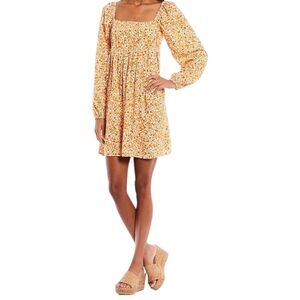 NWT Copper Key Square Neck Floral Long Puff Sleeve Pleated Ruched Dress Sz L NEW